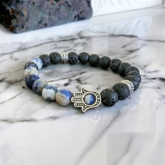 Blue Flower Agate & Lava Hamsa Bracelet - 8mm Unisex Natural Stones Stre… - Picture 2 of 2
